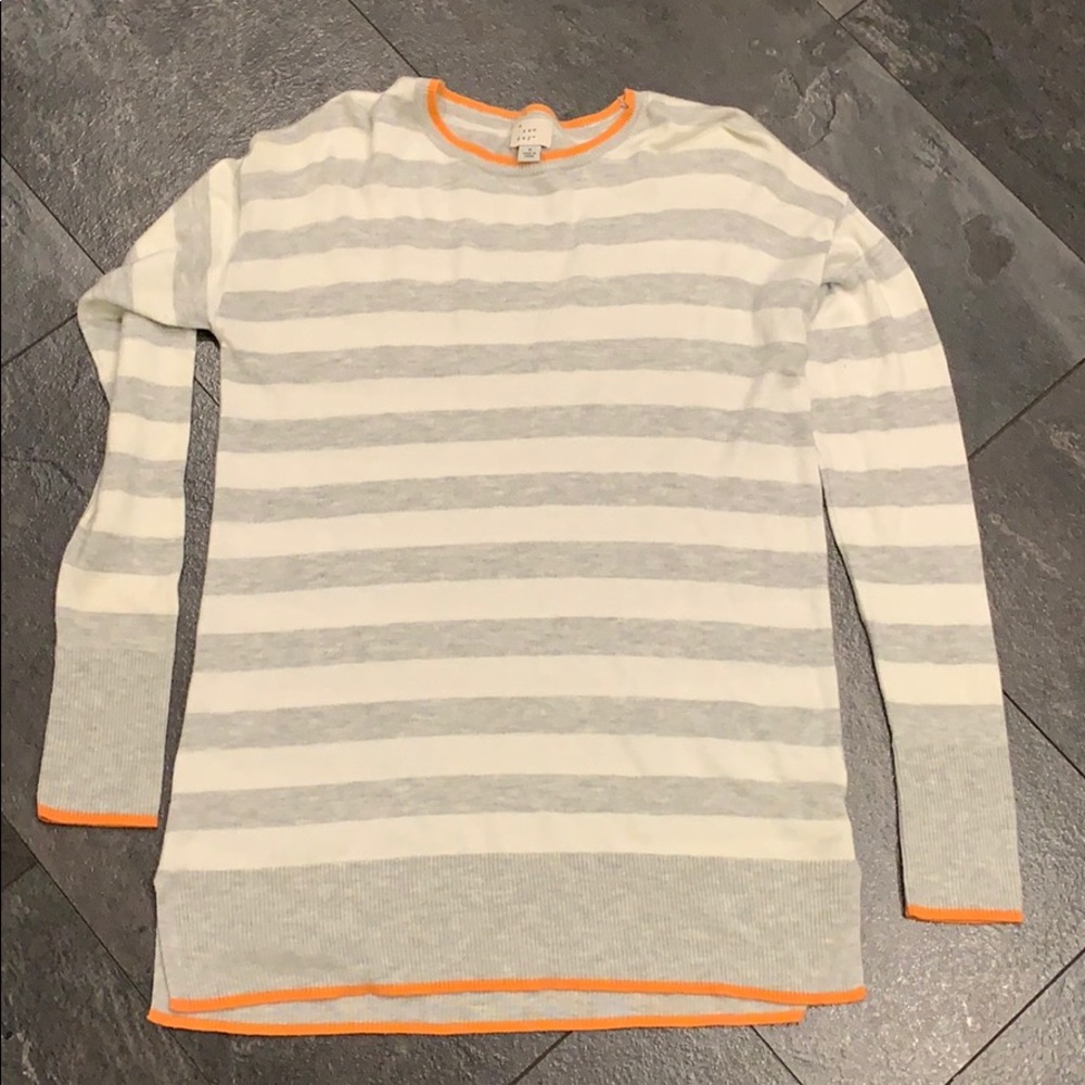 a new day White and Light Gray Striped Crew Neck Sweater with Orange Trim